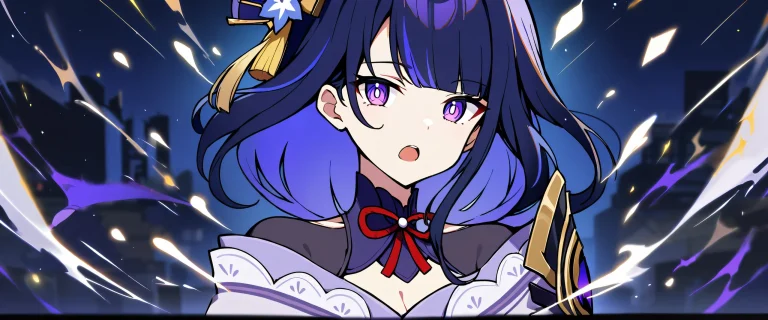 A solo shot of Raiden Shogun from Genshin Impact, looking at the viewer with an open mouth expression, set against a perfectly clean vast pure void with extreme depth of field on a 21:9 ultrawide panoramic aspect ratio