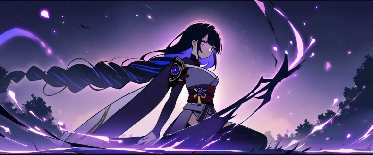 A serene solo moment for a Raiden Shogun character from Genshin Impact, surrounded by the tranquility of nature on a desktop or PC.