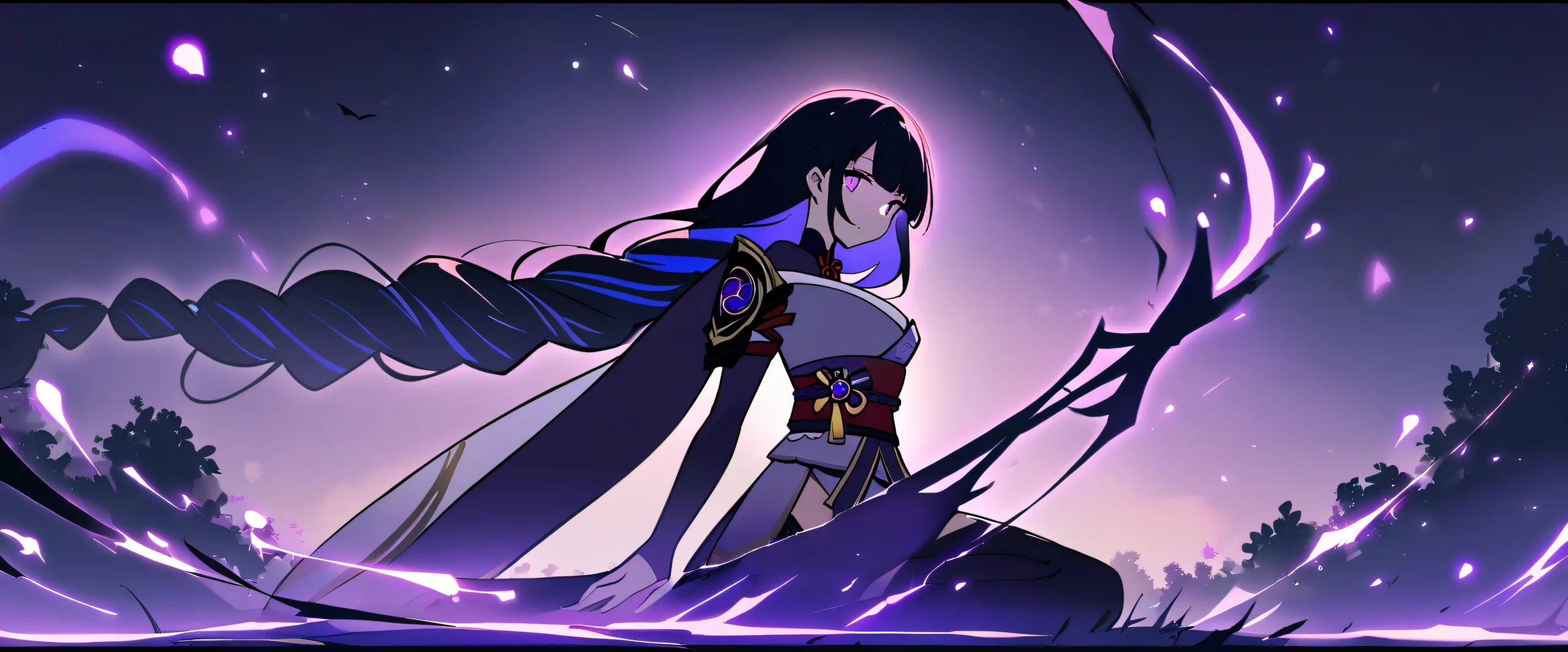 A serene solo moment for a Raiden Shogun character from Genshin Impact, surrounded by the tranquility of nature on a desktop or PC.