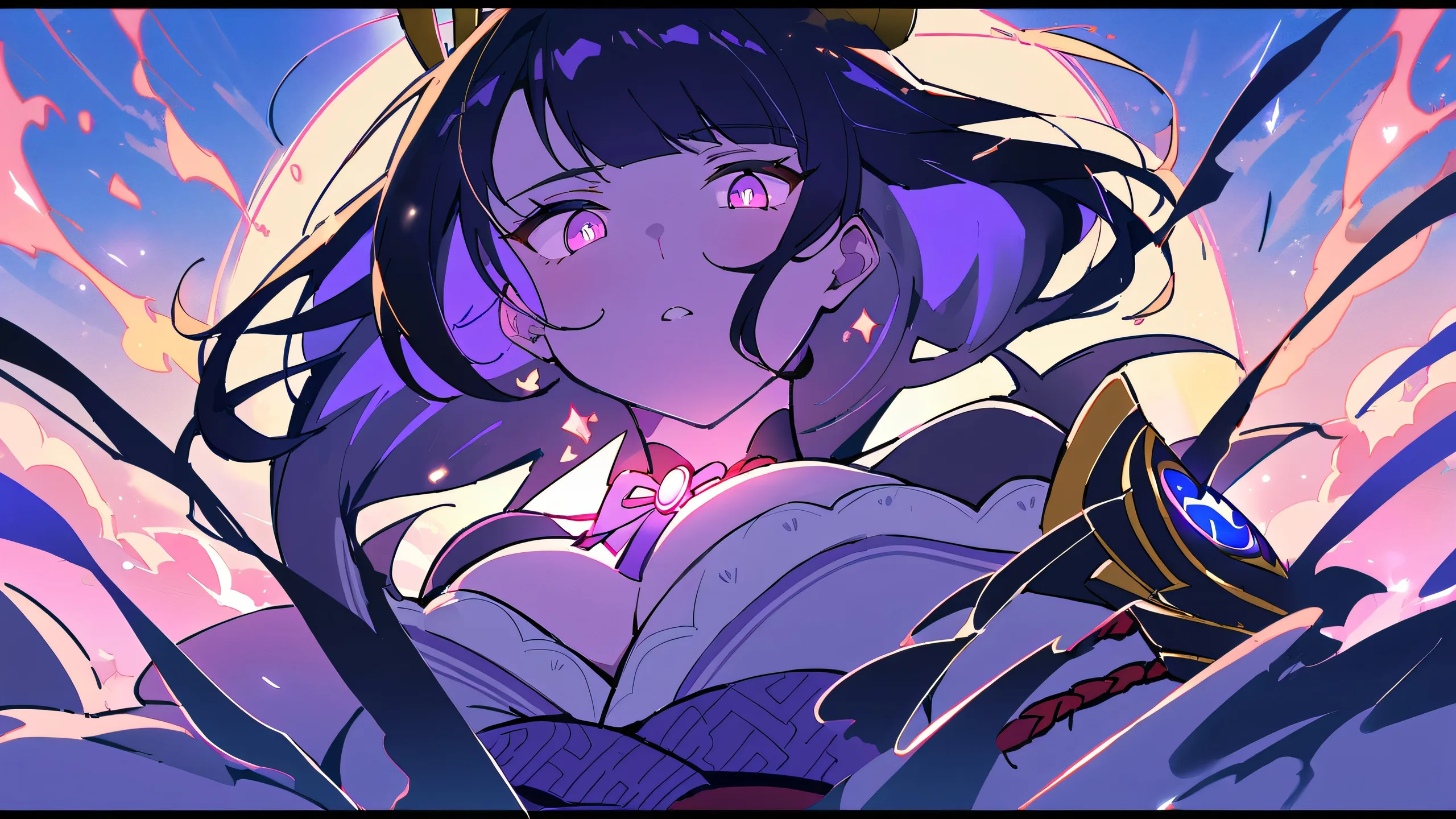 A serene Raiden Shogun gaze, set against a stunningly clean and vast void, perfect for desktop/pc backgrounds