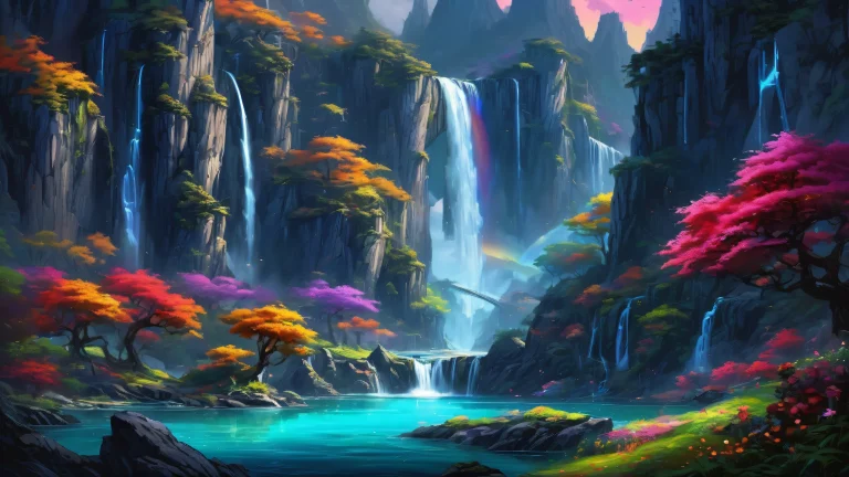 A majestic dragon in a serene desktop landscape of waterfalls and rainbow, idéal pour une utilisation sur PC ou ordinateur de bureau.
