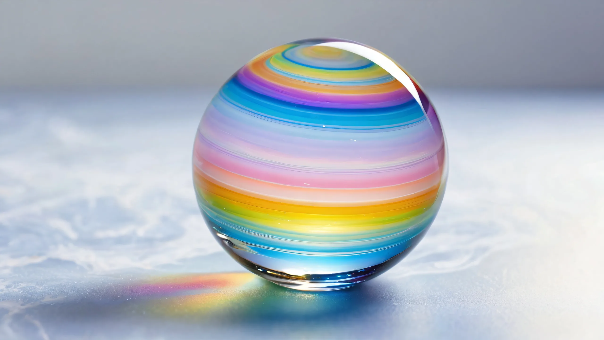 A serene desktop wallpaper featuring a glass marble with a rainbow inside, set against a vast pure void, perfect for a Desktop/PC background.