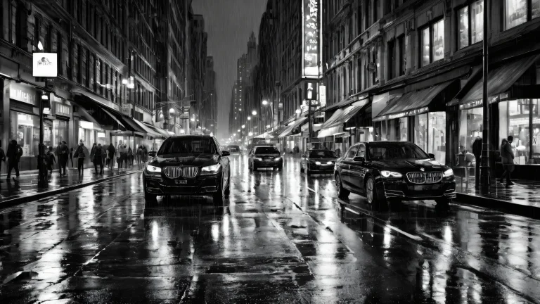 Ethereal black and white rainy city street scene for desktop or PC