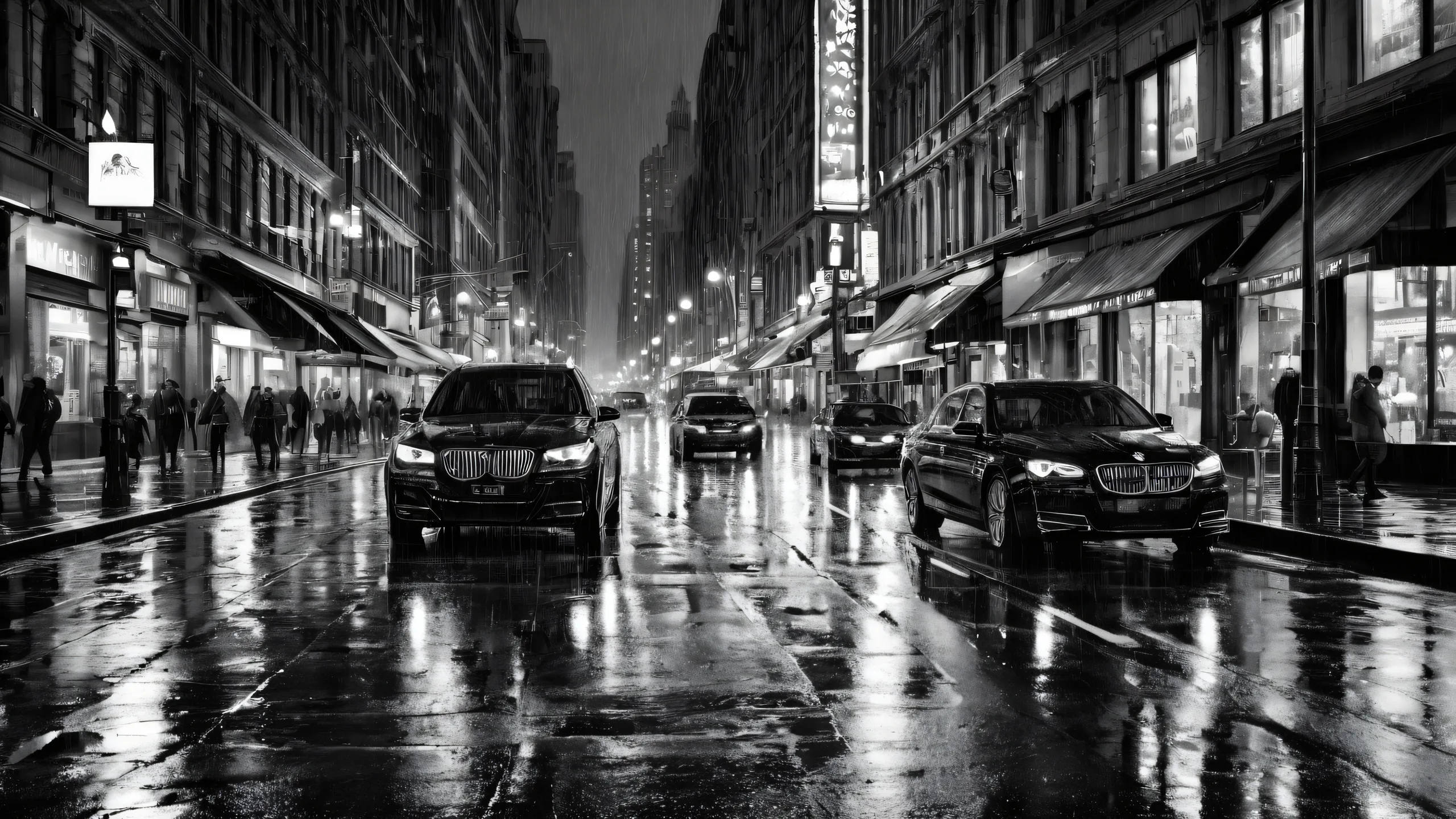 Ethereal black and white rainy city street scene for desktop or PC