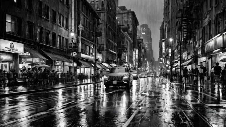 A serene black and white rainy city street scene for your desktop/PC, perfect for relaxation and focus.