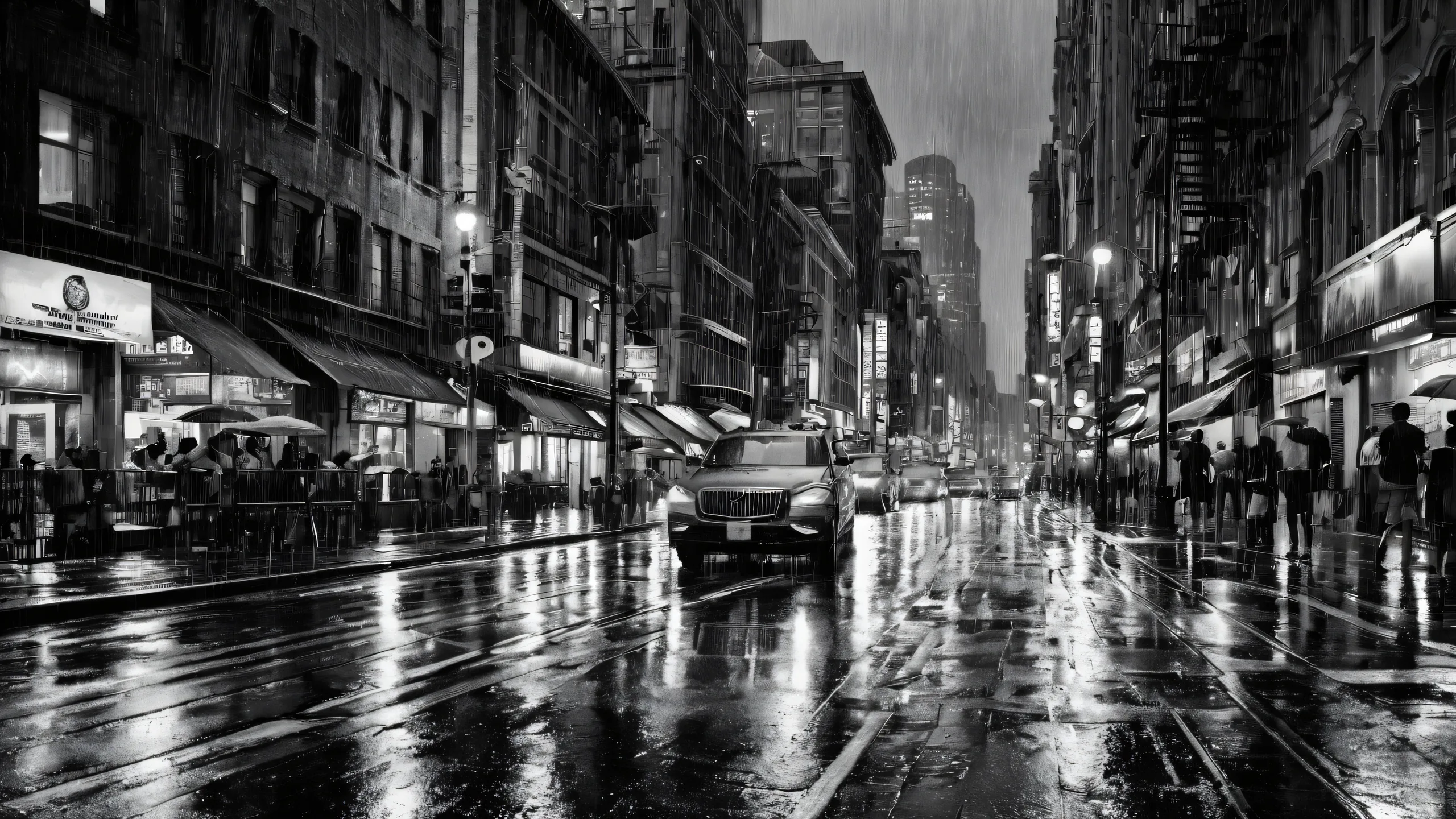 A serene black and white rainy city street scene for your desktop/PC, perfect for relaxation and focus.
