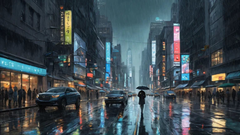 A rainy cityscape on a desktop or PC, featuring deep greens and muted blues.