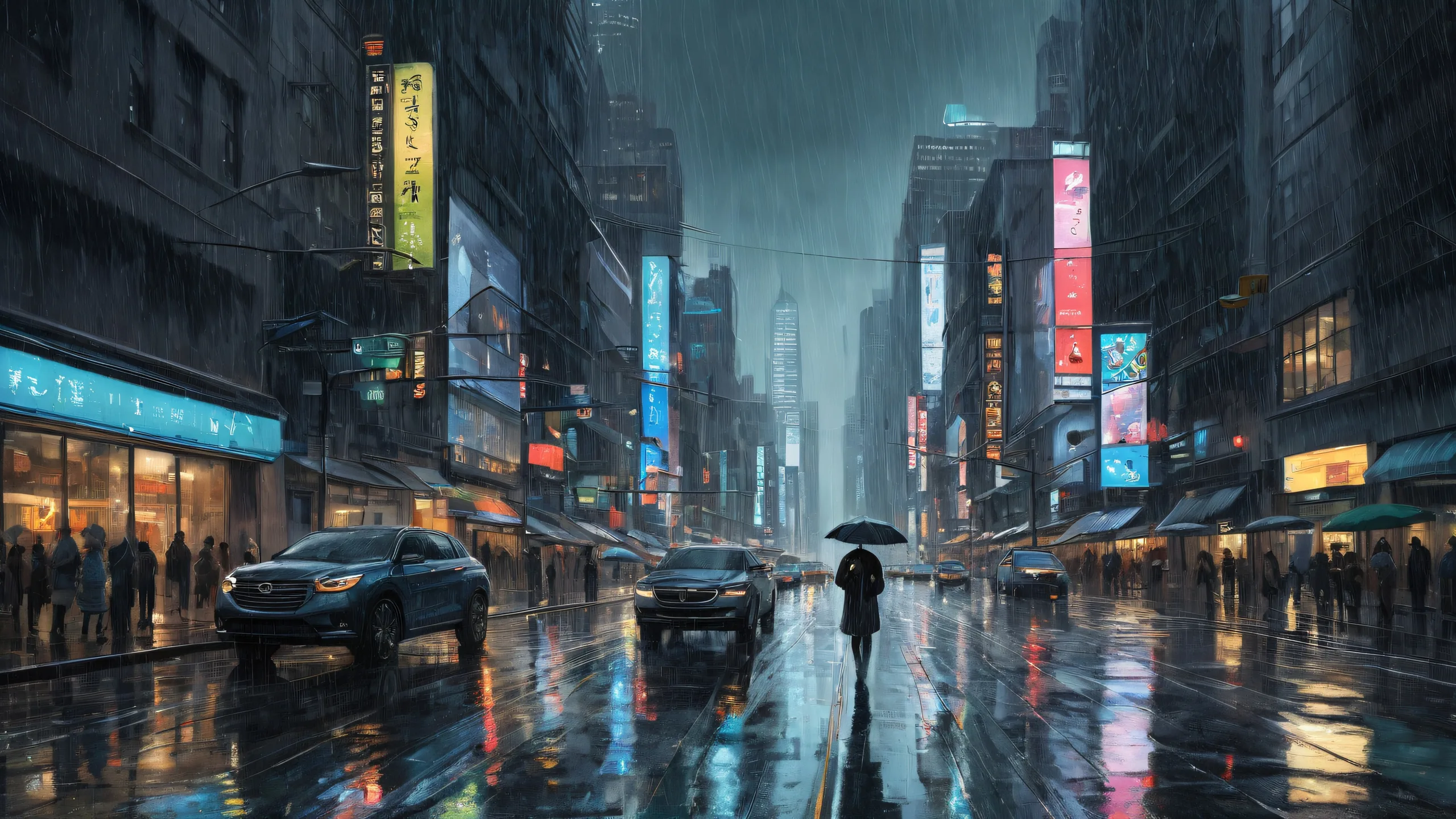 A rainy cityscape on a desktop or PC, featuring deep greens and muted blues.
