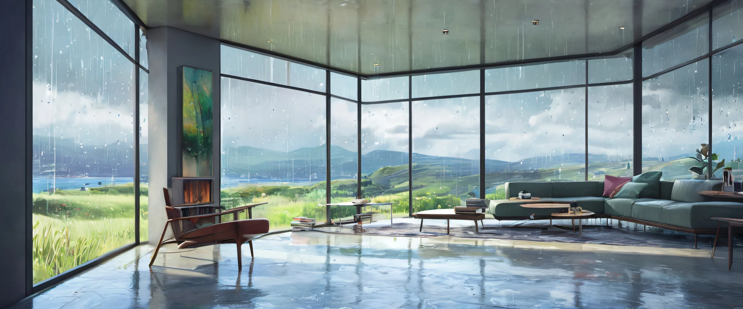 4K Rainy Melancholy Oasis Desktop Background A tranquil, melancholic room with rain pouring outside, perfect for your desktop or PC.