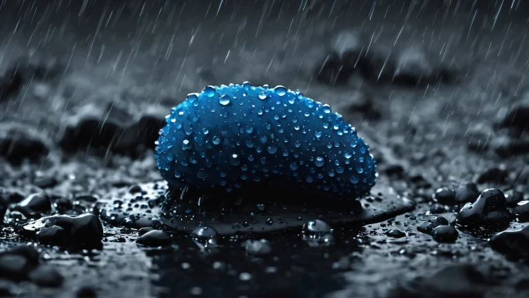 A dark and rainy desktop scene featuring Ditto in a deep void with perfect blacks and luminescent accents, suitable for a PC or Desktop.