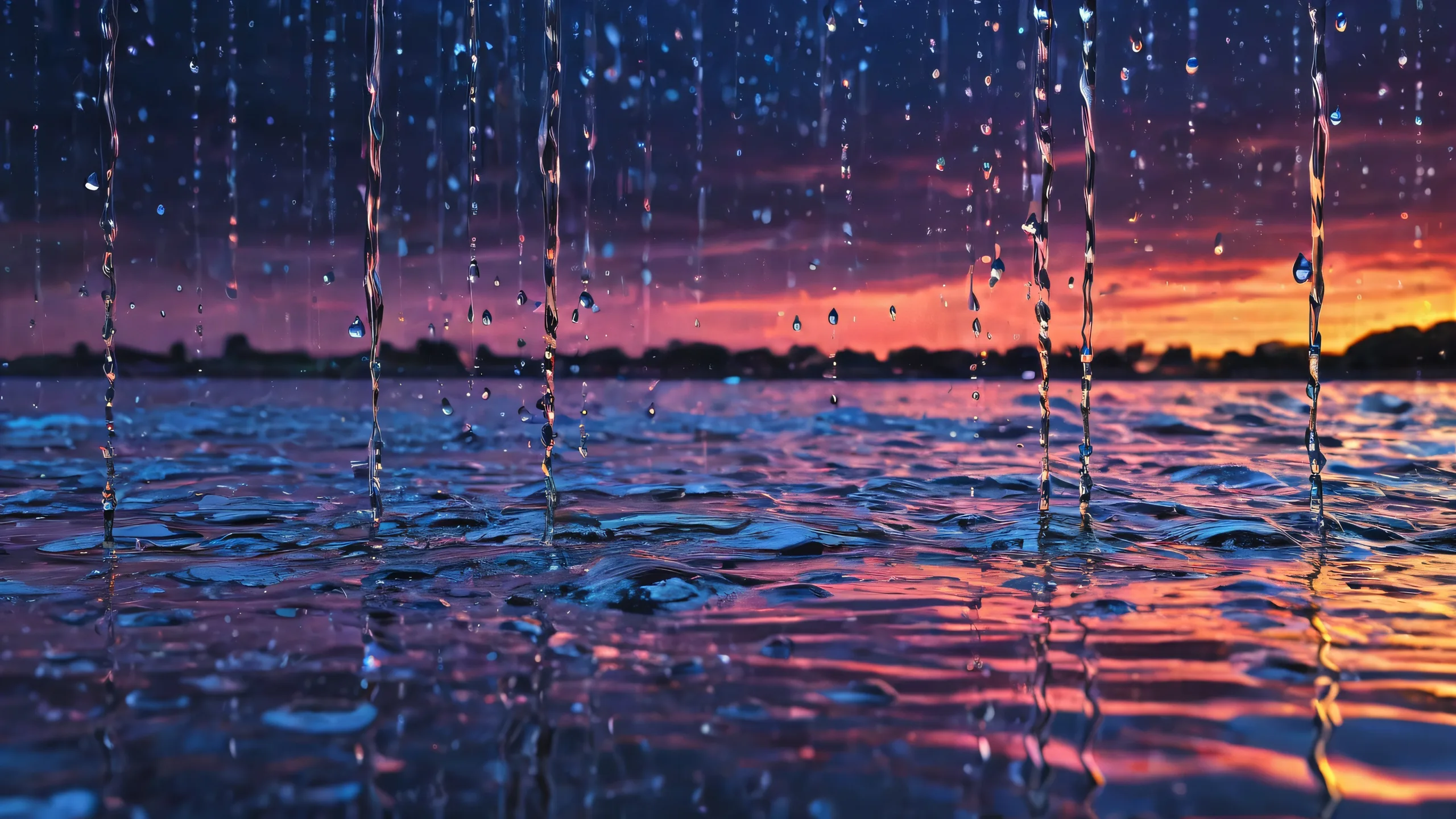 Ethereal desktop wallpaper featuring a Heroine set against the backdrop of a rainy night sky with pristine clarity and radiant colors.