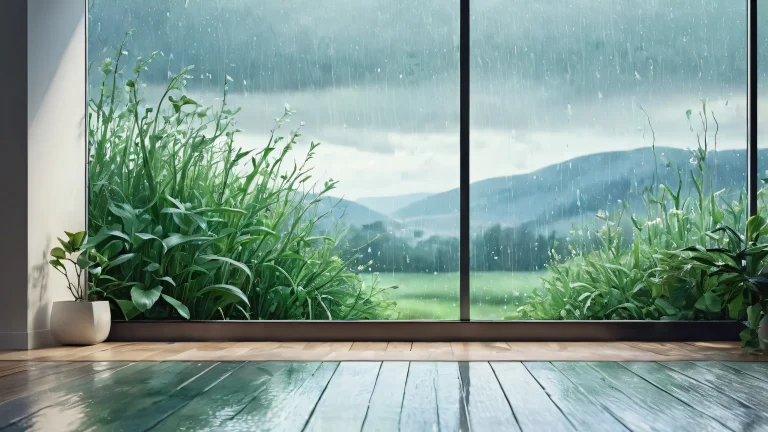 A melancholic desktop scene featuring Ditto in a vast pure void with rain outside the window, suitable for Desktop/PC users.