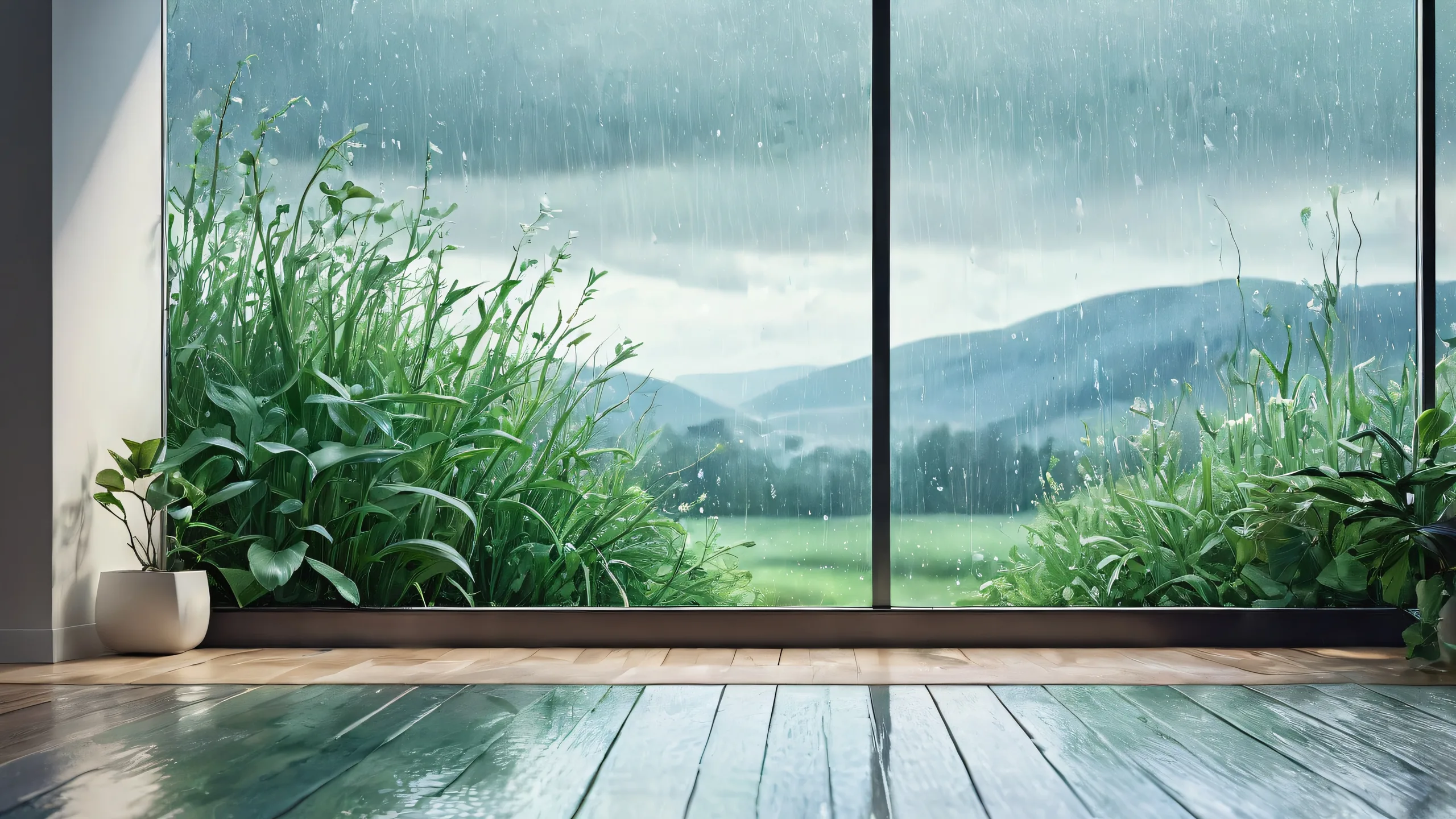 A melancholic desktop scene featuring Ditto in a vast pure void with rain outside the window, suitable for Desktop/PC users.