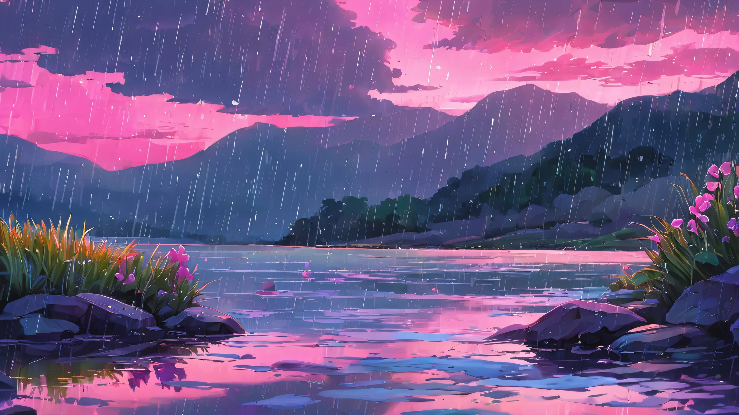 A peaceful rainy evening on a dark background for your desktop/pc, perfect for relaxation and contemplation.
