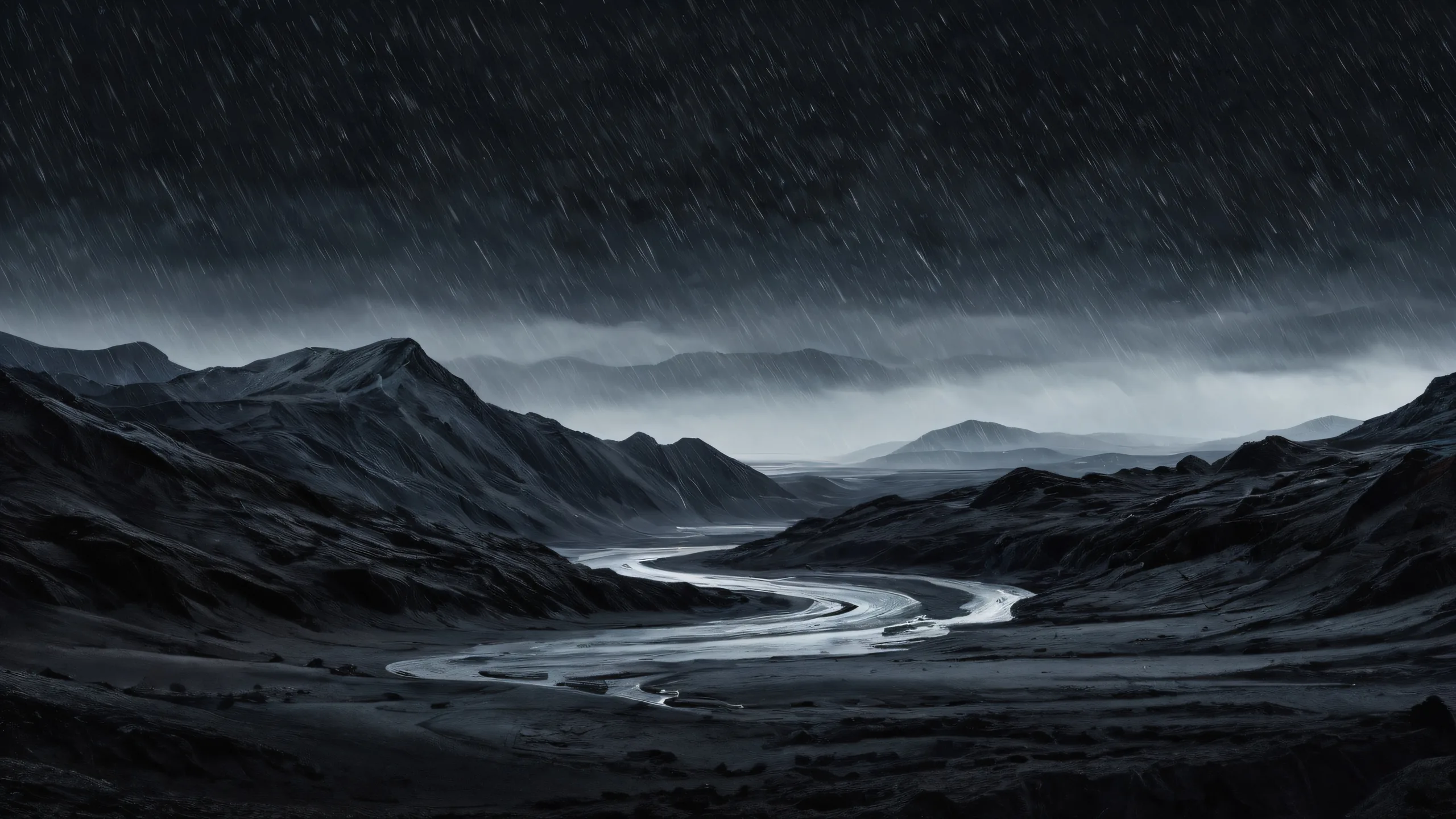 Ethereal Void of Rainy Night 4K UHD Wallpaper A dark mode desktop wallpaper featuring a vast pure void with rain pouring outside, suitable for Desktop/PC.