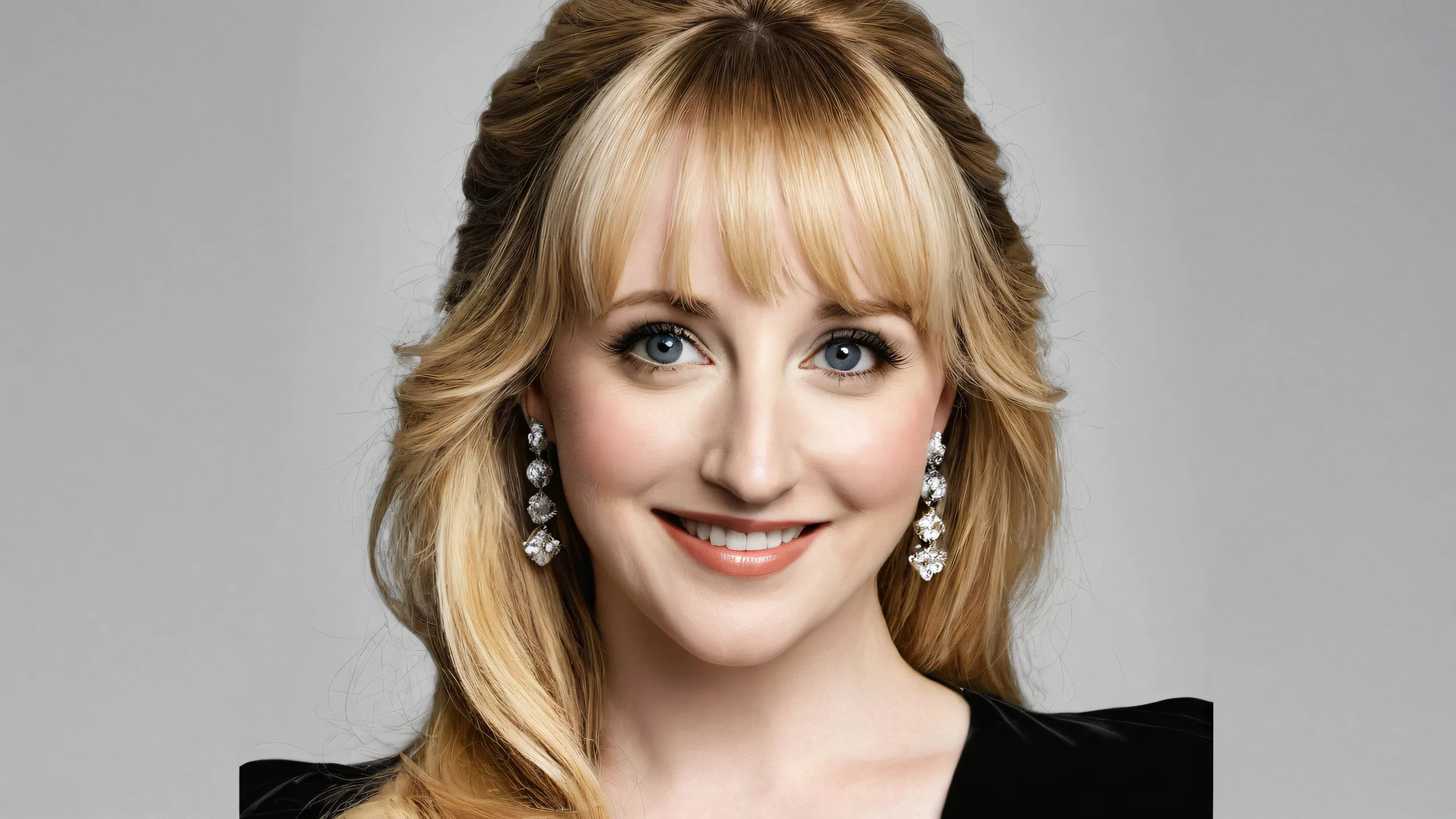 Melissa Rauch's captivating smile shines brightly on a vast, dark desktop background, perfect for PCs and laptops.