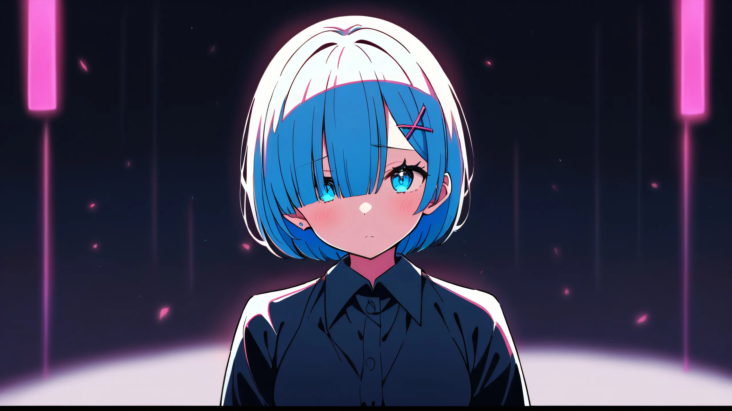 A solo girl from Re:Zero stares at the viewer against a perfectly clean vast pure void with subtle plaid pattern and glowing lights, ideal for desktop/pc use.