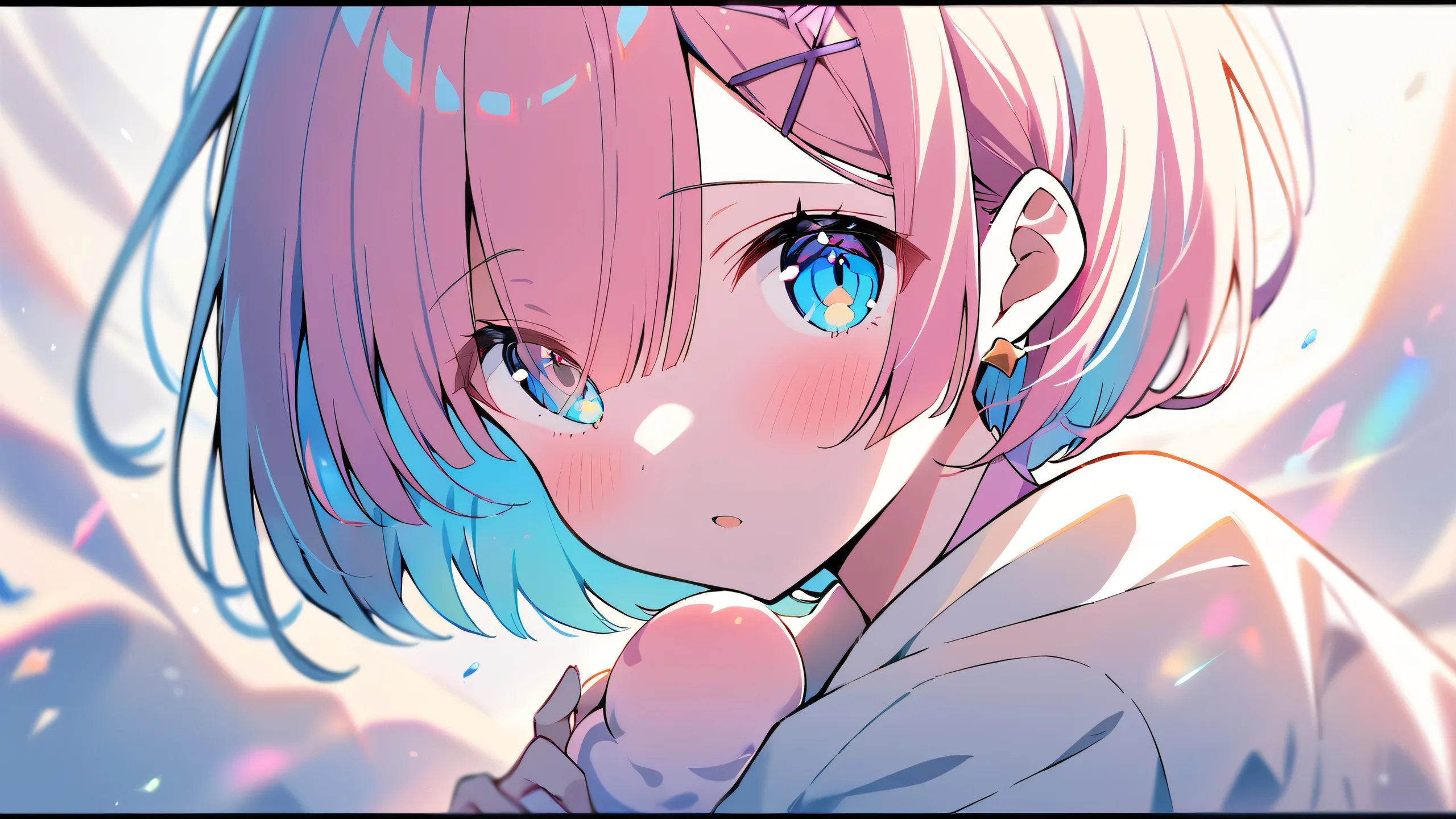 A lone girl stands on a vast, pure void, gazing directly at the viewer from a clean and minimalist 16:9 desktop background featuring soft pastel colors and subtle plaid patterns.