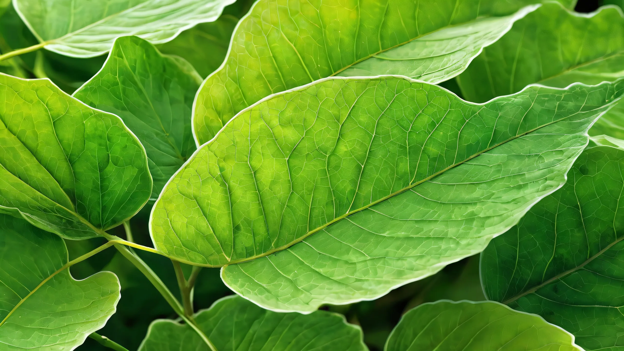A stunning closeup of autumn leaves on a desktop/pc background, with intricate veins and delicate green hues.