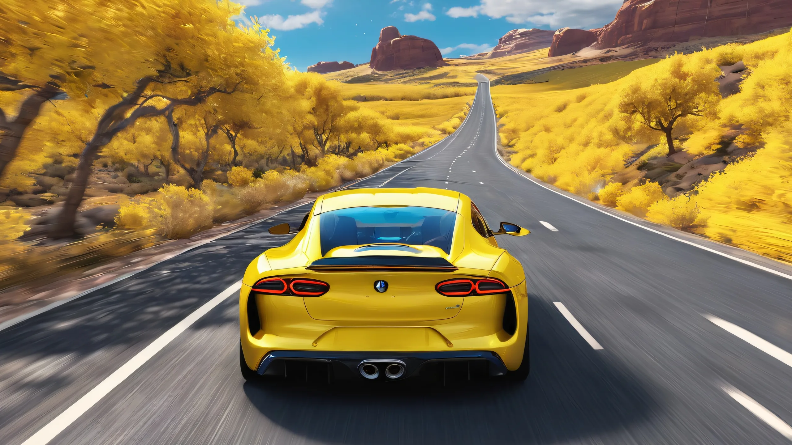 Rear view car in a vast, pure void with an endless road stretching into the distance. Perfect for desktops and PCs.