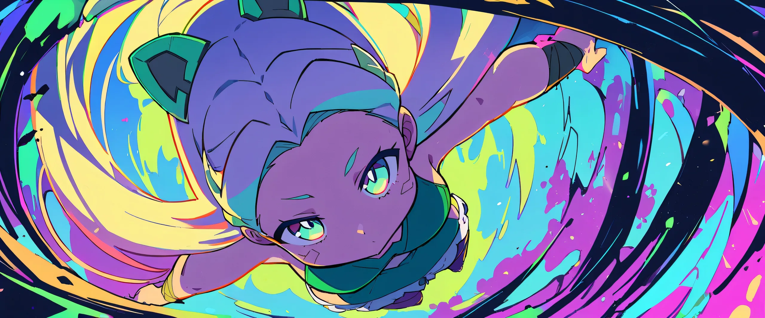 A blonde-haired girl, Rebecca, stands alone on a vast pure void, gazing directly at the viewer with an otherworldly intensity. Perfectly clean and ethereal, this cinematic scene is set against a bright blue sky, ideal for desktop/pc use.