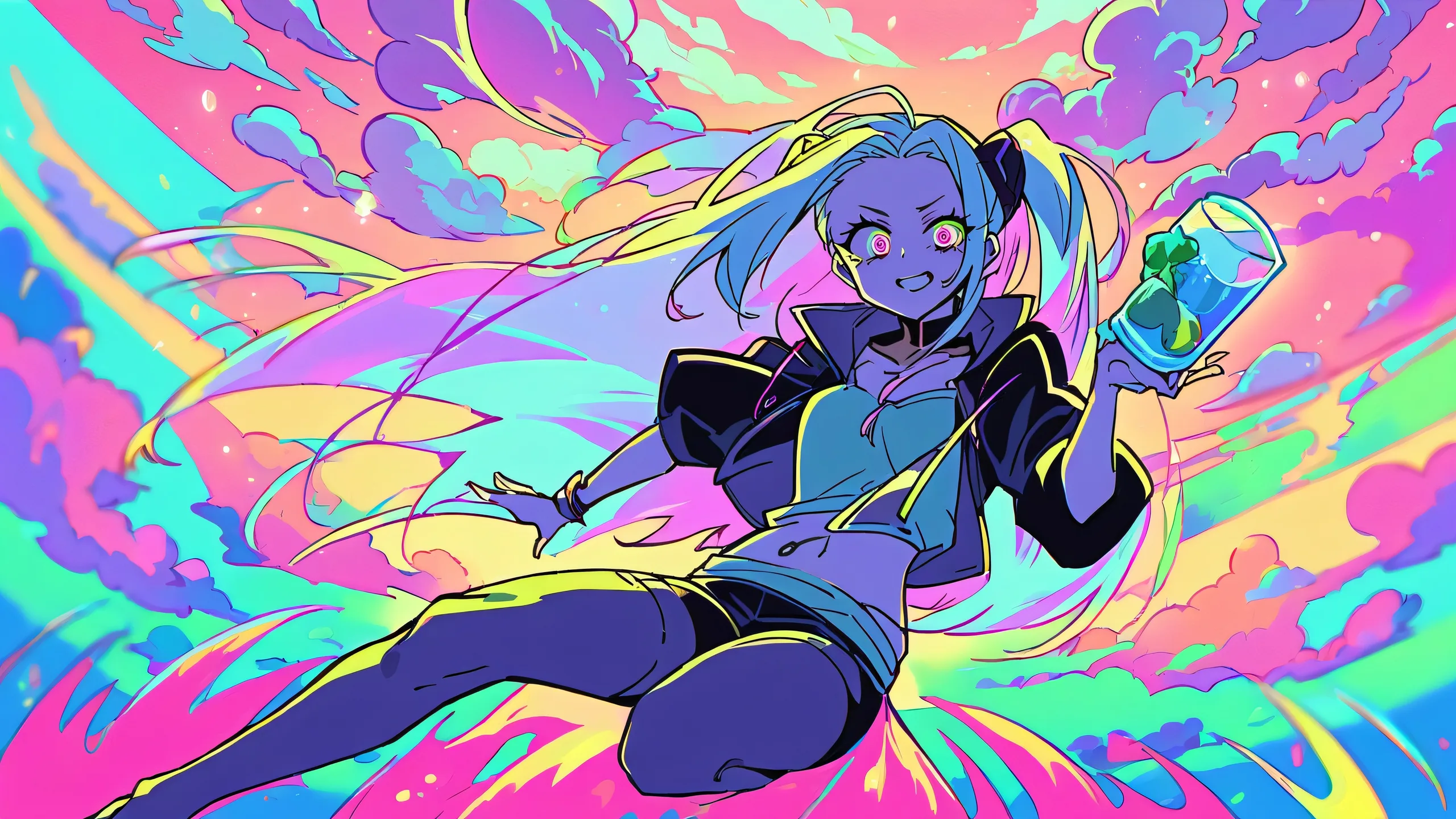 A beautifully illustrated anime scene of Rebecca from Cyberpunk Edgerunners on a desktop/PC, featuring an ethereal skyline and subtle watermarked background elements.