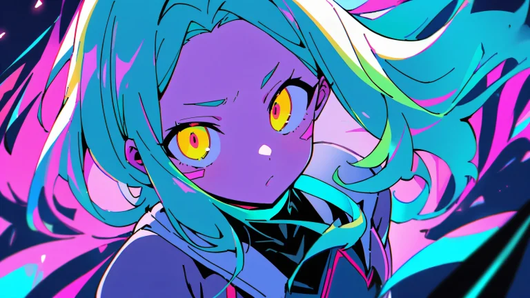 A lone girl, Rebecca, looks directly at the viewer against a stunningly bright and airy background of pure void, with subtle hints of absurdity. Ordinateur de bureau/PC.