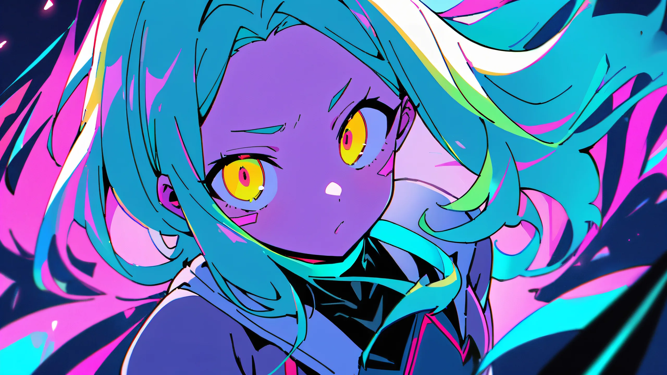 A lone girl, Rebecca, looks directly at the viewer against a stunningly bright and airy background of pure void, with subtle hints of absurdity. Desktop/PC.