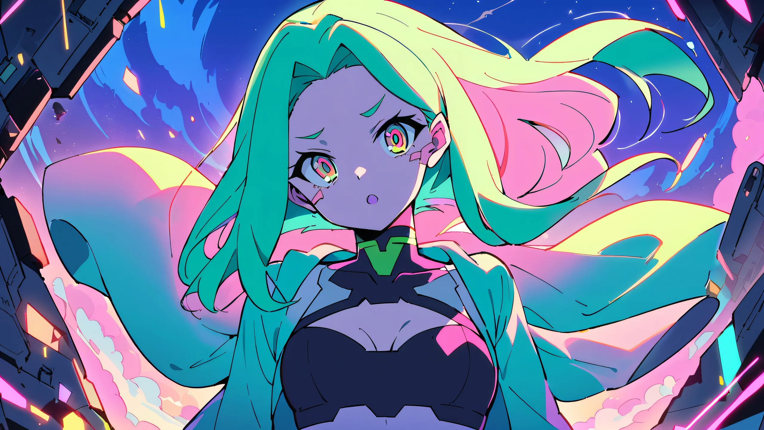 A solo girl, Rebecca, gazing at the viewer from a vast pure void, surrounded by vibrant anime-inspired hues and cinematic lighting.