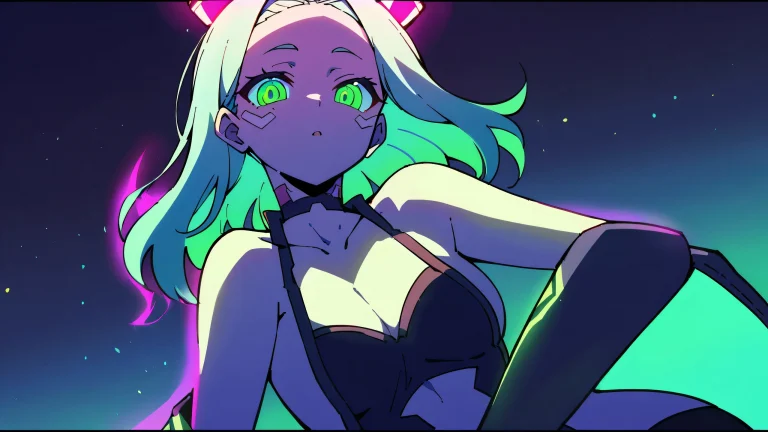 A solo anime girl, Rebecca, gazes intensely at the viewer from a futuristic cityscape with a perfectly clean vast pure void background, desktop/pc