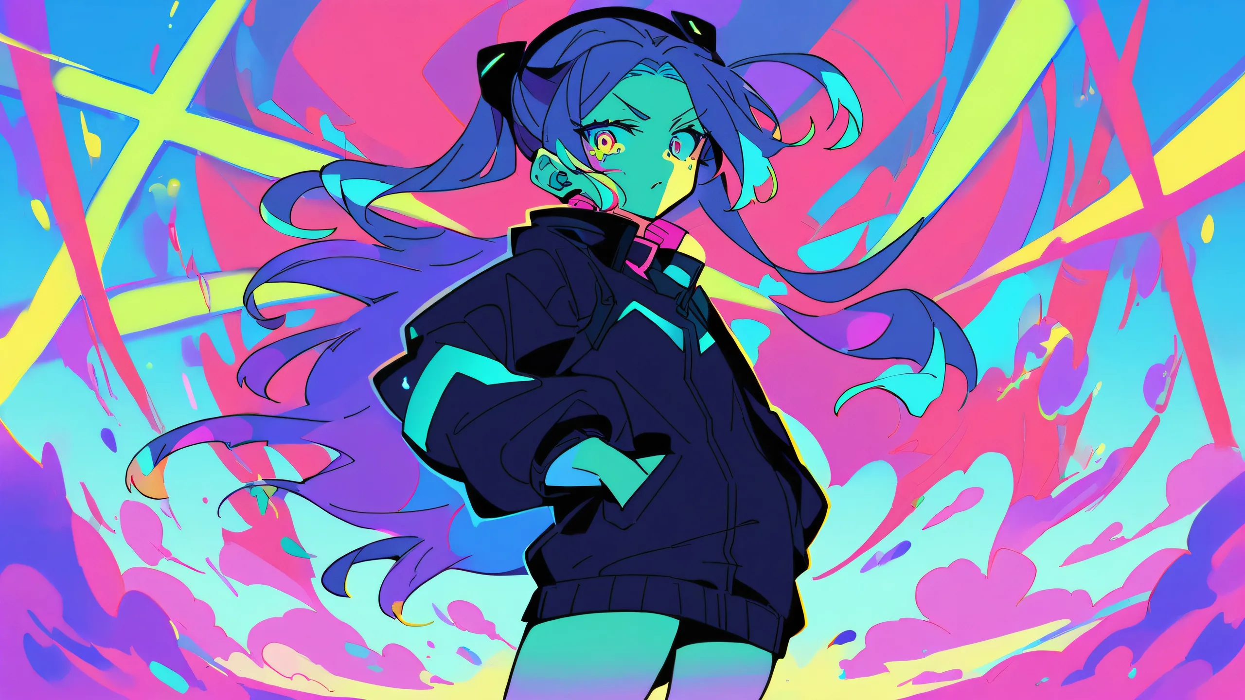 Stunning anime illustration of Rebecca from Cyberpunk Edgerunners on a perfectly clean vast pure void, with a sense of height and dimension, suitable for desktop/pc backgrounds.