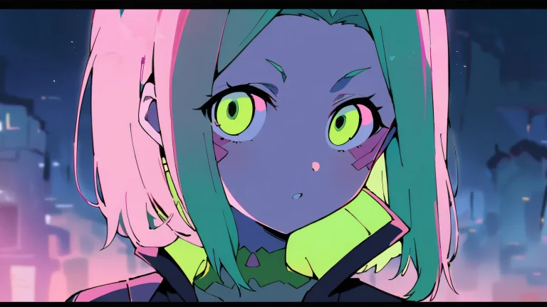 A solo cyberpunk girl, Rebecca, gazes directly at the viewer against a perfectly clean vast pure void with extreme depth of field, featuring bright and airy ethereal lighting and beautiful sky