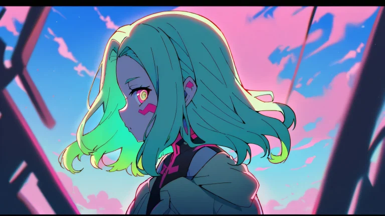 A solo anime girl, Rebecca, gazes out at the viewer from a vast, perfectly clean void with an extreme depth of field and ethereal lighting, set against a beautiful, bright, and airy sky.