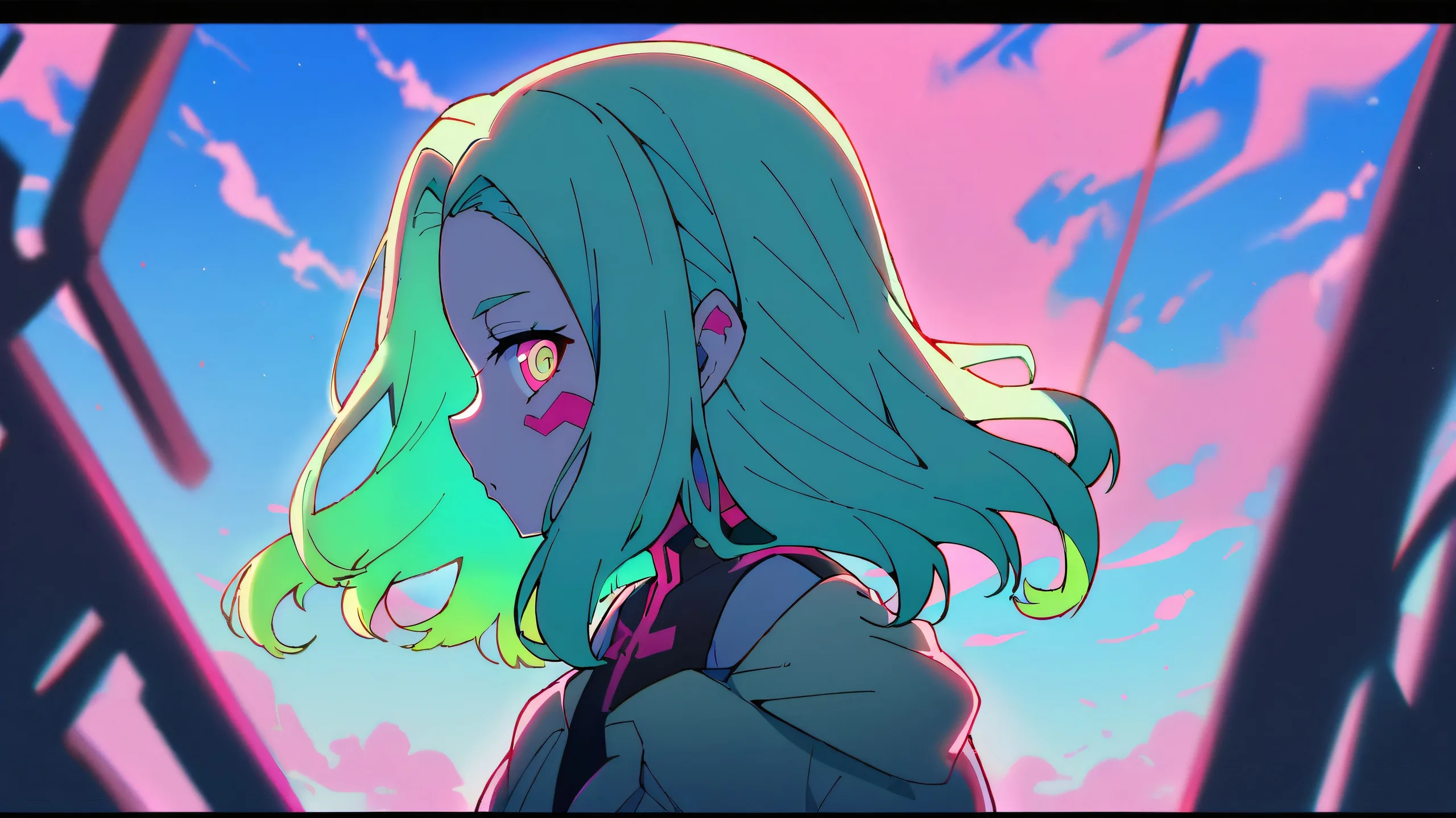 A solo anime girl, Rebecca, gazes out at the viewer from a vast, perfectly clean void with an extreme depth of field and ethereal lighting, set against a beautiful, bright, and airy sky.