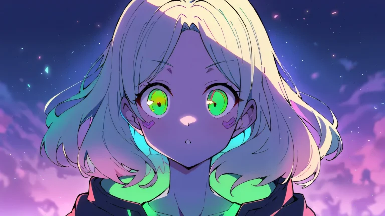 A solo anime girl, Rebecca, gazes into a vast, pure void on a desktop/pc, allowing the viewer to focus on her ethereal beauty.