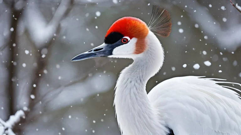A majestic Red Crowned Crane perched on a snowy desktop/pc background with delicate snowflakes falling gently.