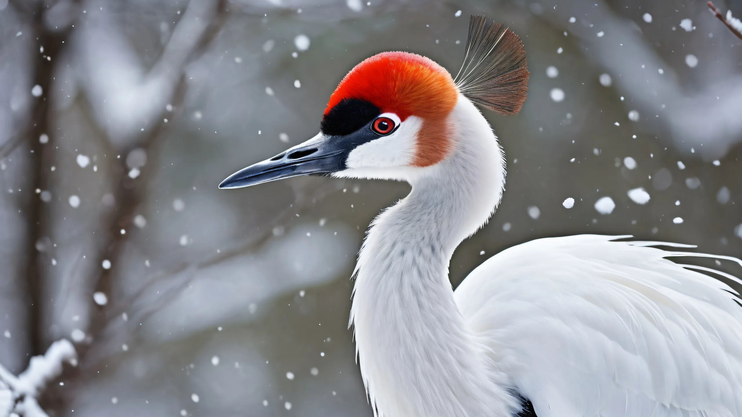 A majestic Red Crowned Crane perched on a snowy desktop/pc background with delicate snowflakes falling gently.