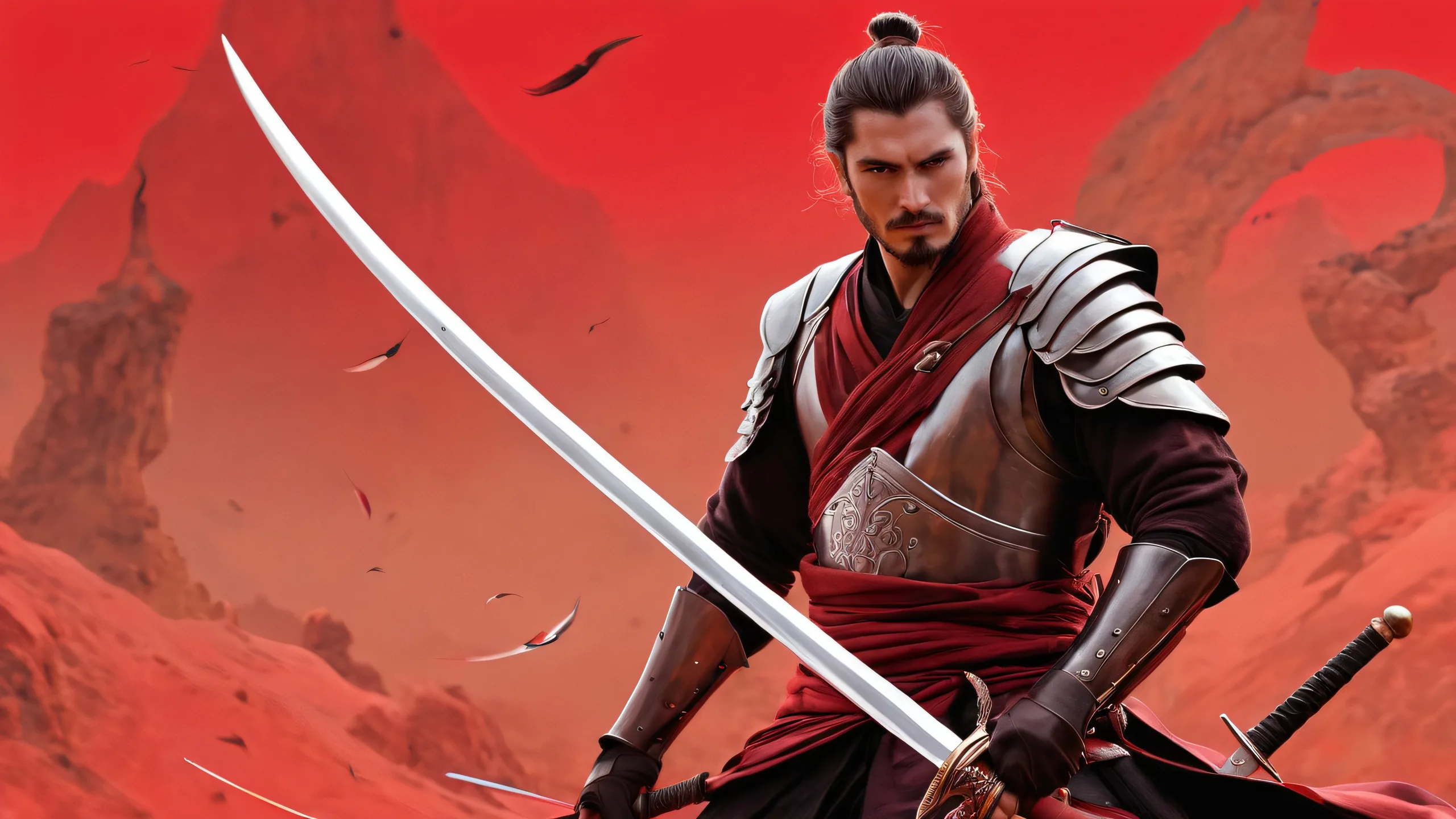 Ethereal Red Dawn Aesthetic PC Wallpaper Award-winning digital art of men with swords on a pristine red background for Desktop/PC use