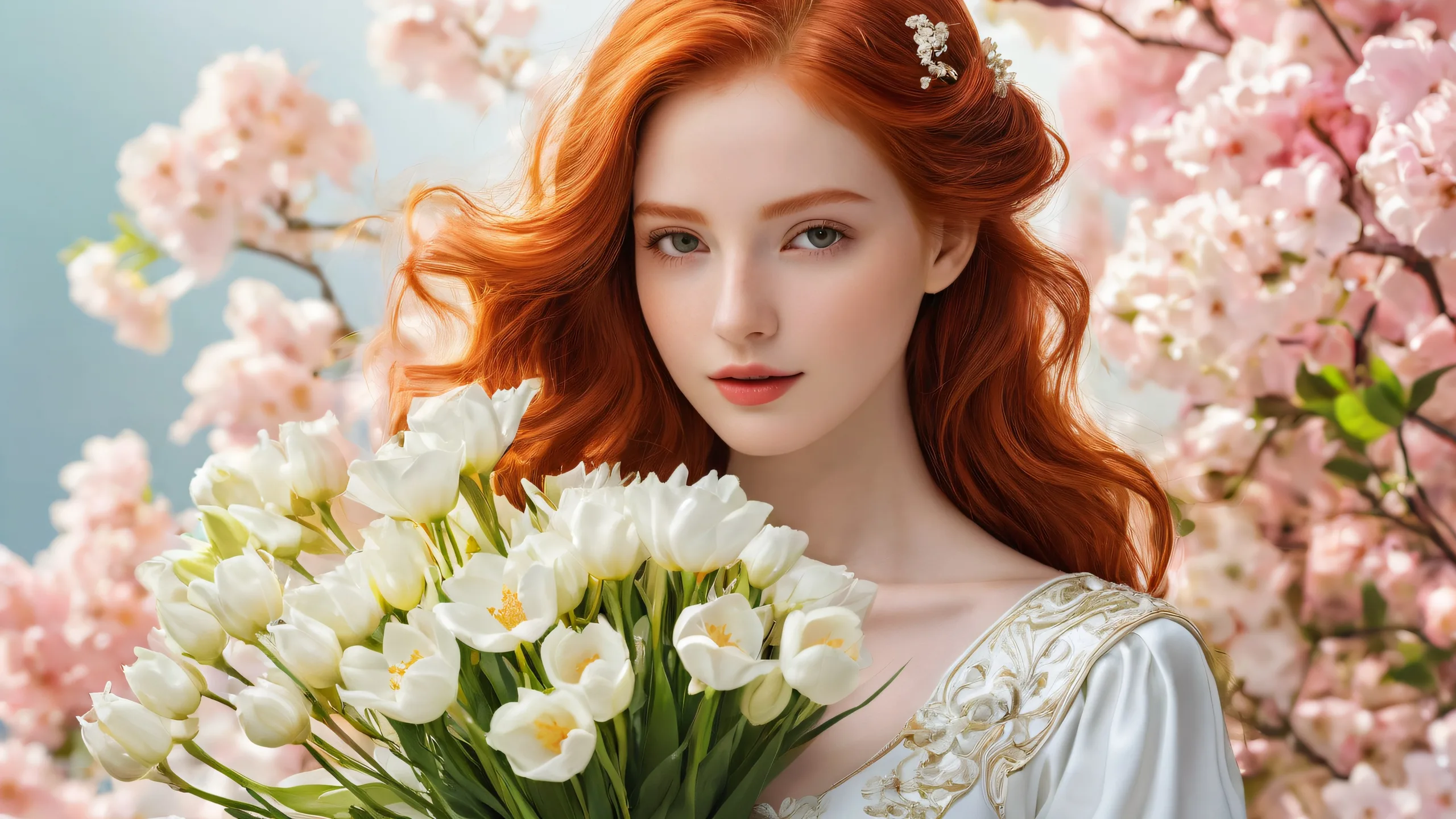 A serene redhead holding flowers against a vast pure void, perfect for desktop use on PC or laptop.