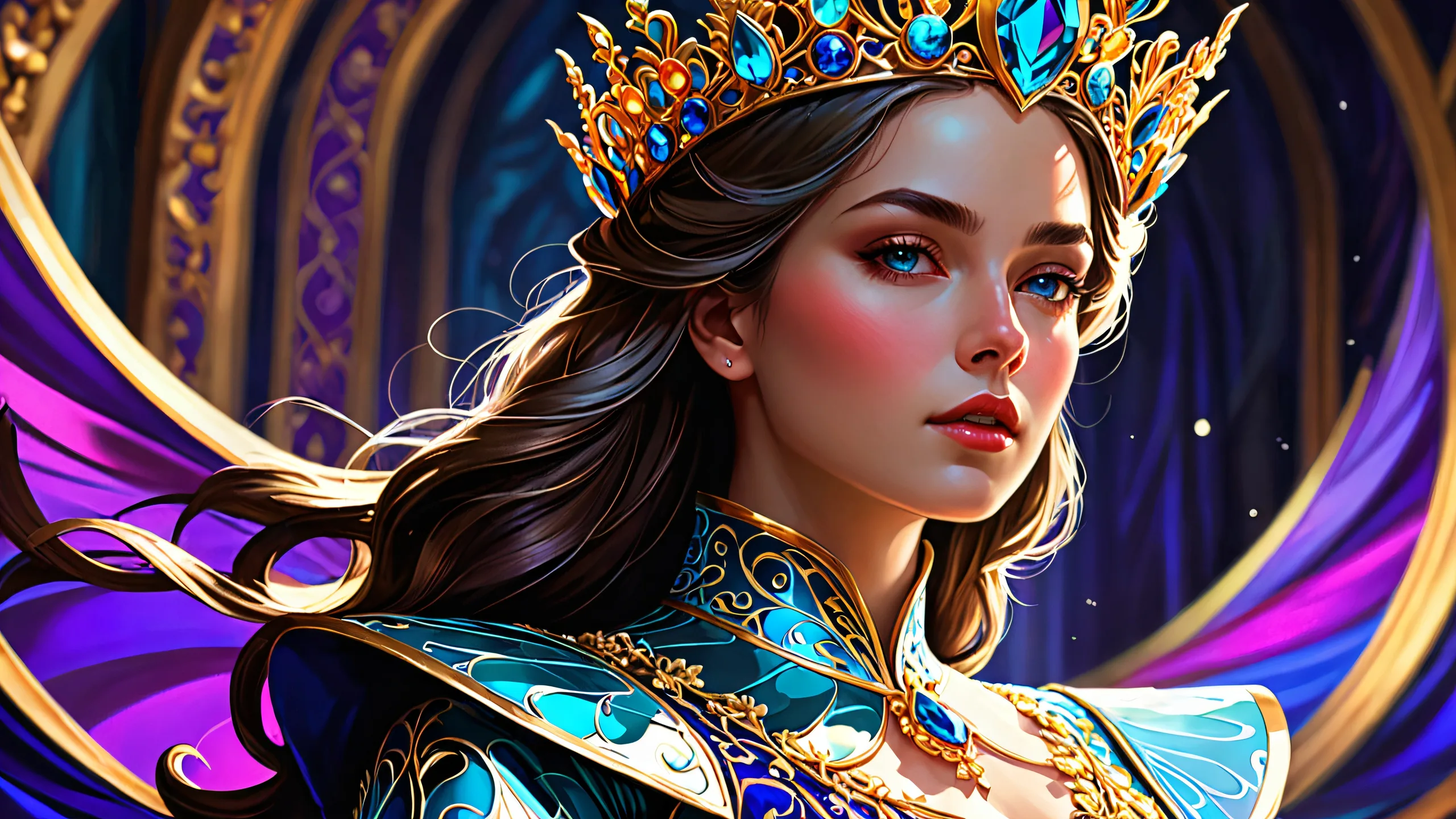 A regal woman stands majestically against a pure void backdrop on a desktop or PC, with soft shadows adding volume to the scene.