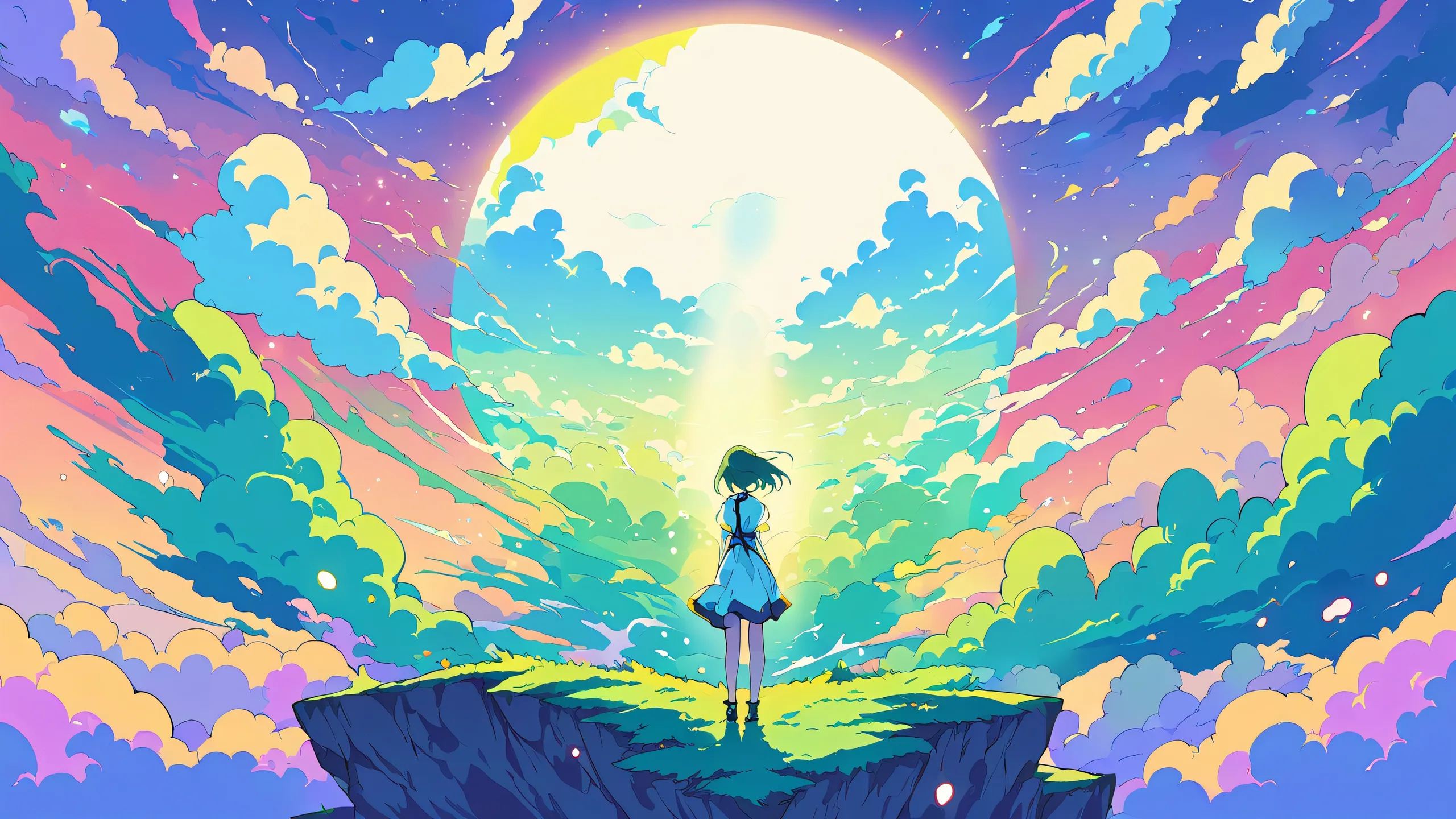 Stunning anime illustration of Rei Ayanami from Neon Genesis Evangelion on a perfectly clean vast pure void with extreme depth of field, set against a cliff backdrop and featuring sun-kissed trees, water tank, and radiant sky filled with fluffy clouds for Desktop/PC use.