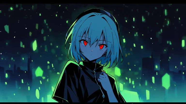 A serene anime-inspired desktop wallpaper featuring Rei Ayanami from Neon Genesis Evangelion, looking directly at the viewer against a stunning night scene with perfect blacks and striking contrast.