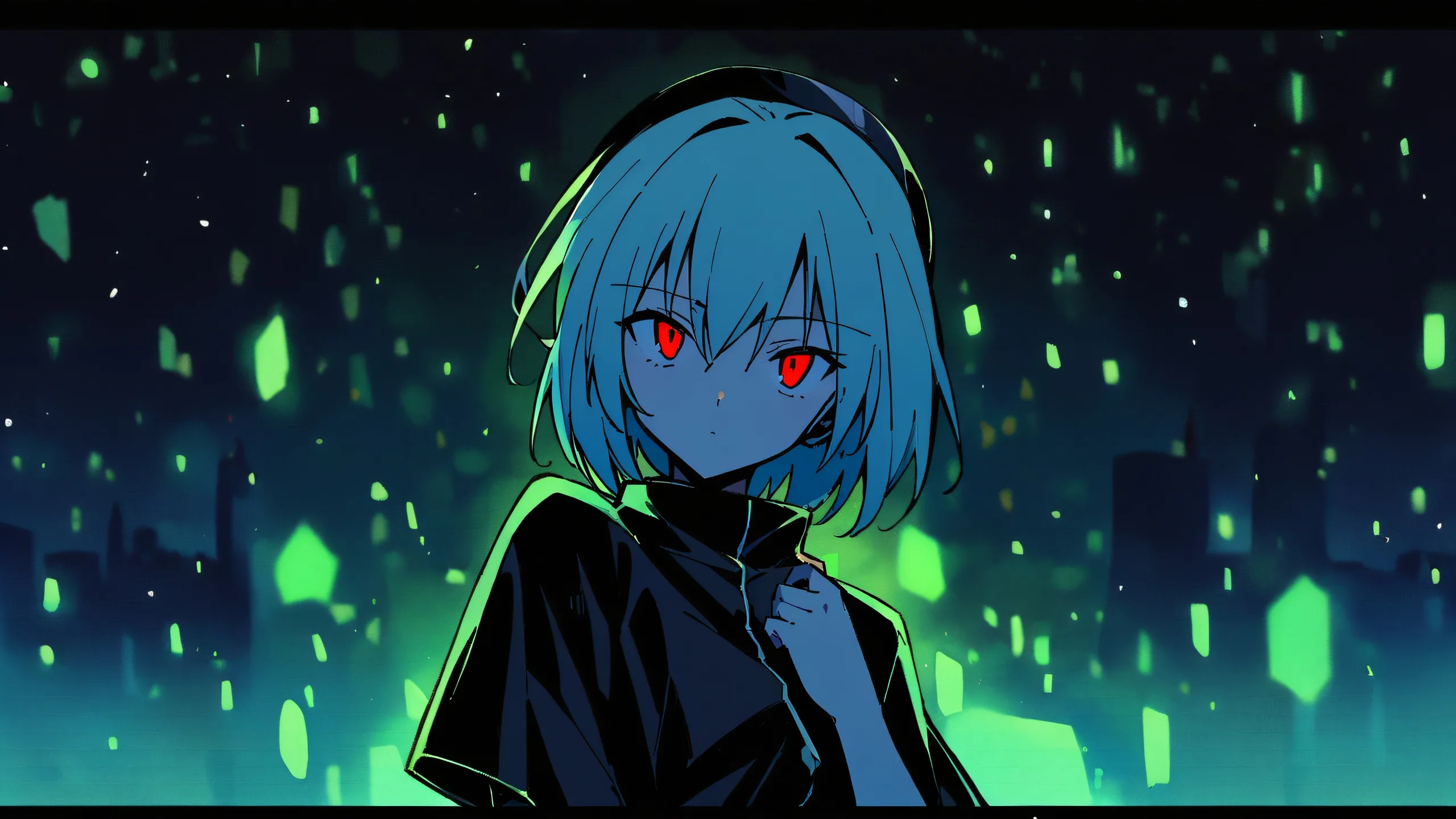 A serene anime-inspired desktop wallpaper featuring Rei Ayanami from Neon Genesis Evangelion, looking directly at the viewer against a stunning night scene with perfect blacks and striking contrast.