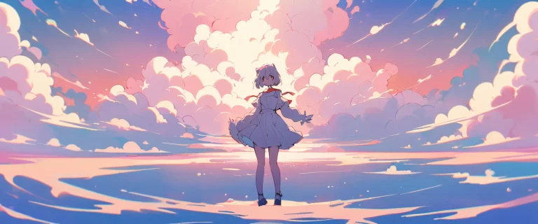 A solo Rei Ayanami looking at the viewer on a perfectly clean vast pure void background with extreme depth of field, soft pastel pink and cream white hues, suitable for desktop PC.