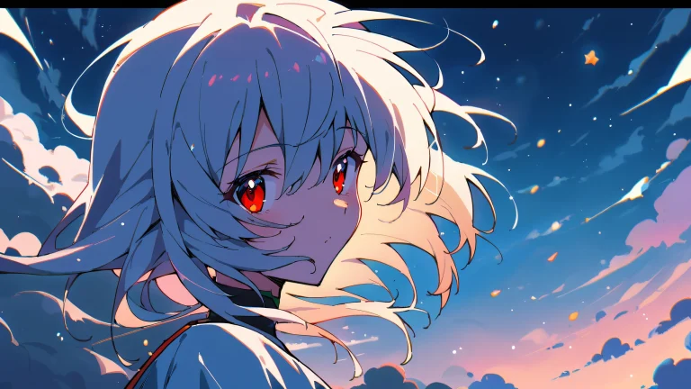 Solo Rei Ayanami from Neon Genesis Evangelion looking directly at the viewer on a perfectly clean and vast pure void desktop background with floating stars in an extreme depth of field, adapté pour PC ou ordinateur de bureau.