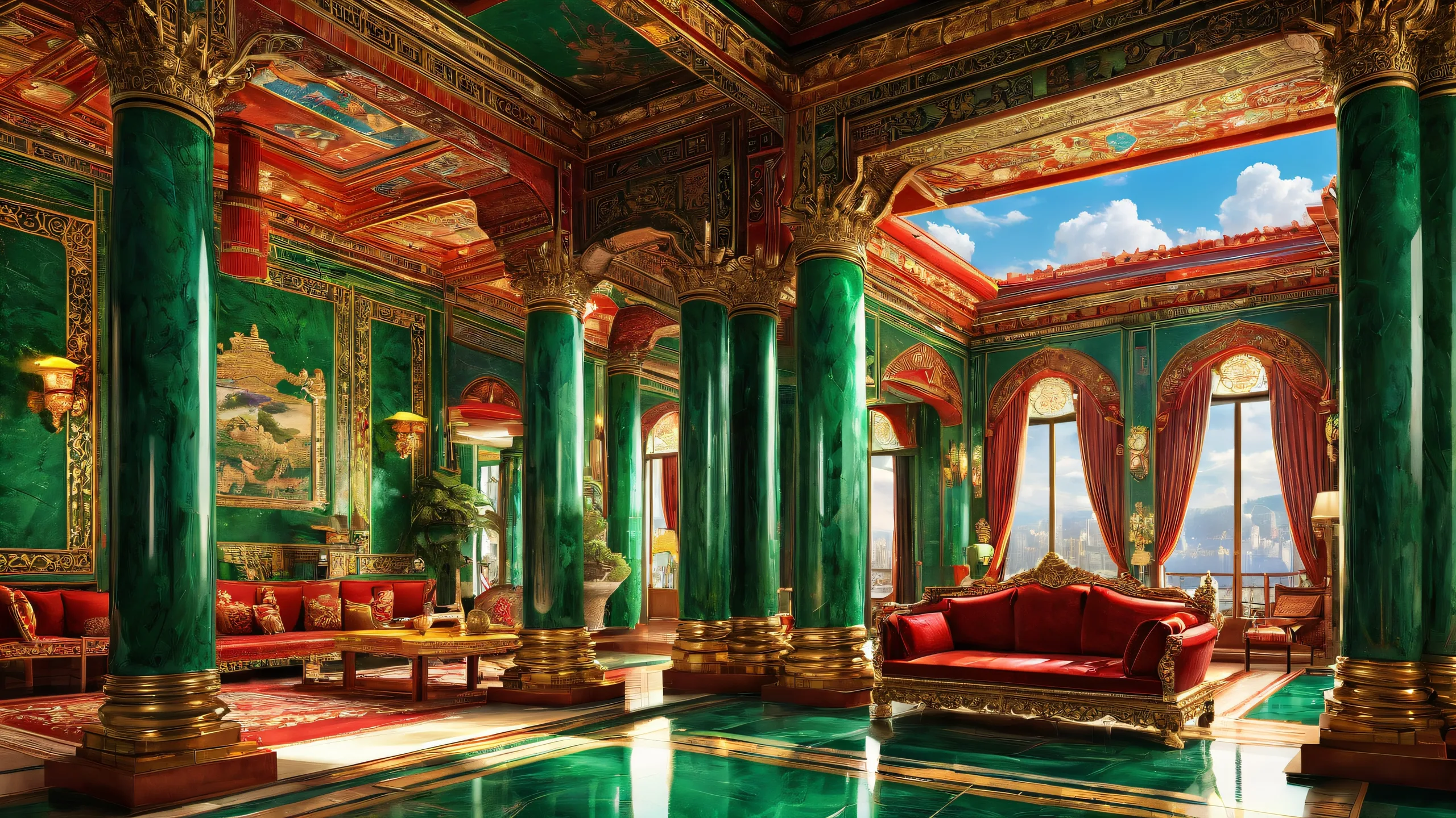 Ethereal architecture desktop scene with vibrant jewel tones and ray-traced reflections for PC or Desktop use.