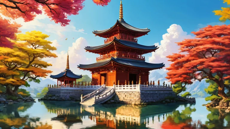 Ethereal desktop wallpaper featuring a pristine pagoda in the distance on a bright and airy void with radiant colors, for Desktop/PC