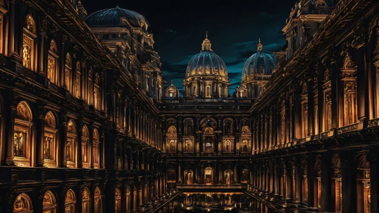 A stunning desktop wallpaper featuring grand architecture on a pure void background for Desktop/PC use.