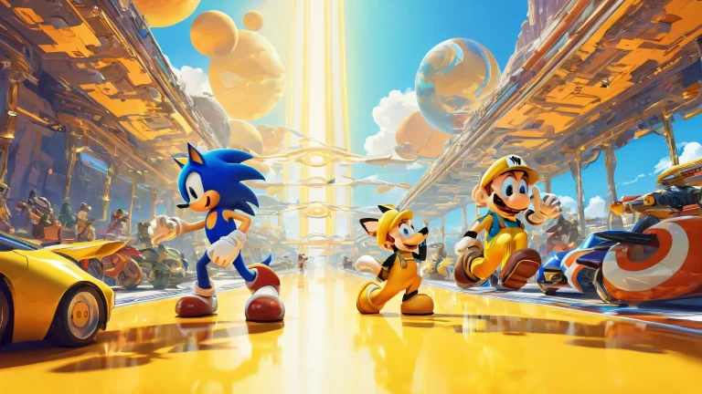 Vintage video game characters in a clean, vast void with subtle sun rays and brilliant colors, suitable for desktop/pc backgrounds.