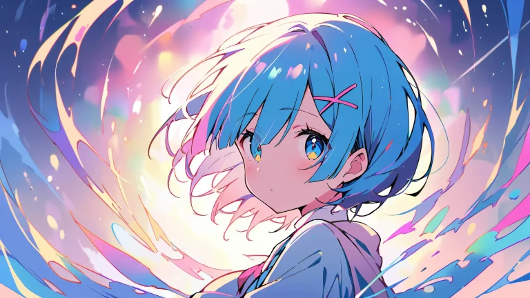 A solo anime girl from Re:Zero gazes at the viewer against a beautifully rendered vast pure void with extreme depth of field, subtle checkered background texture, and vibrant pink, white, and pastel shades on a 16:9 aspect ratio desktop wallpaper.